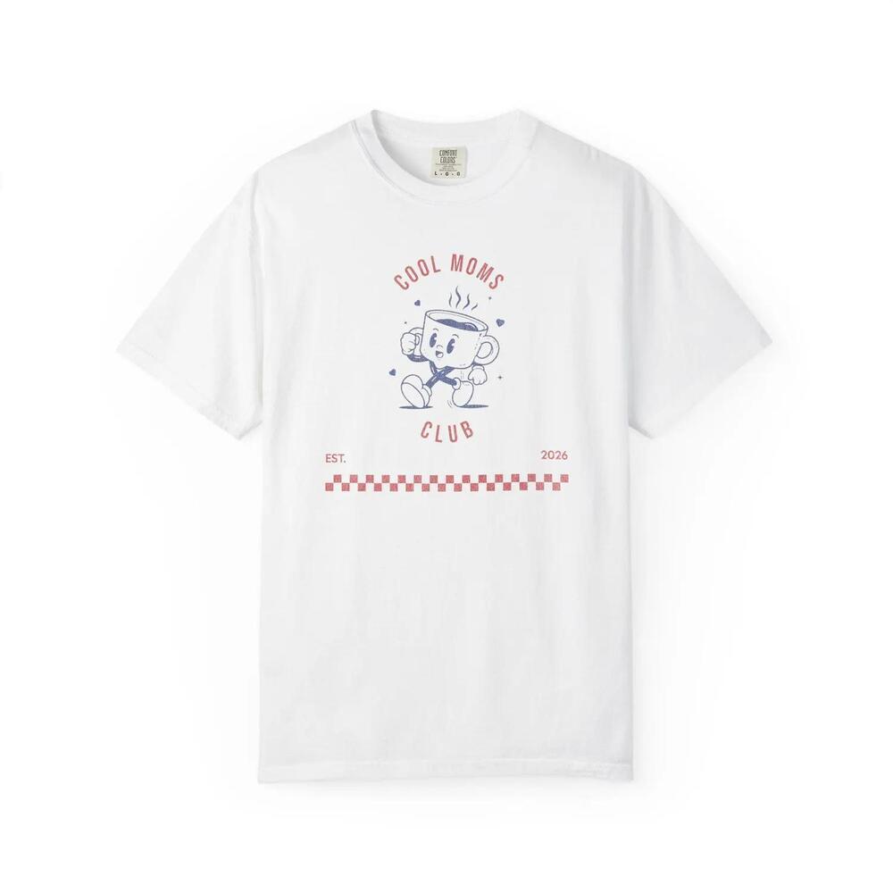 Cool Moms Club T-Shirt Retro Coffee Cup Design, Checker Stripe